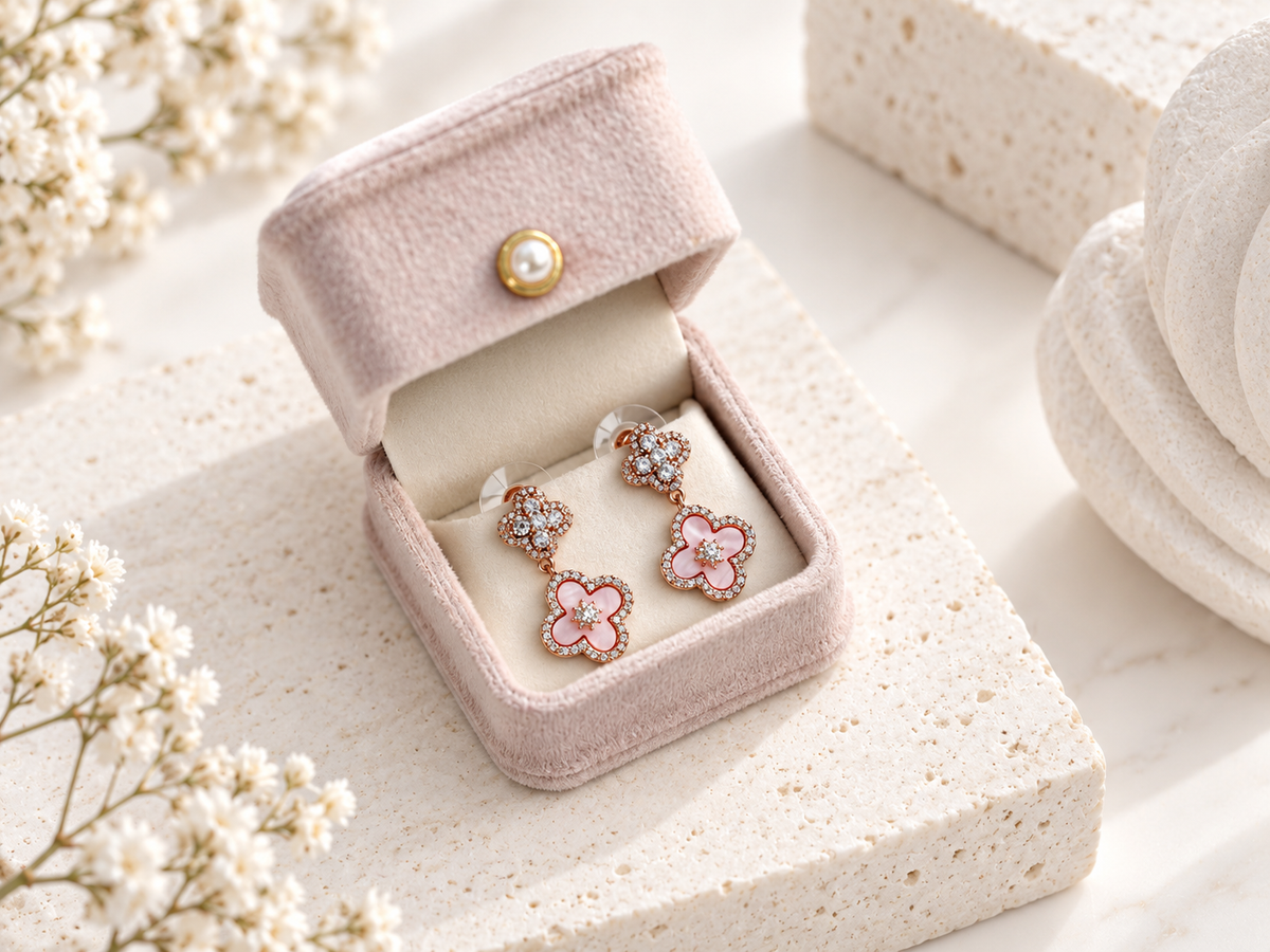 Pink and gold Cherry Blossom Drop Earrings with zircon accents by Avelune Collection