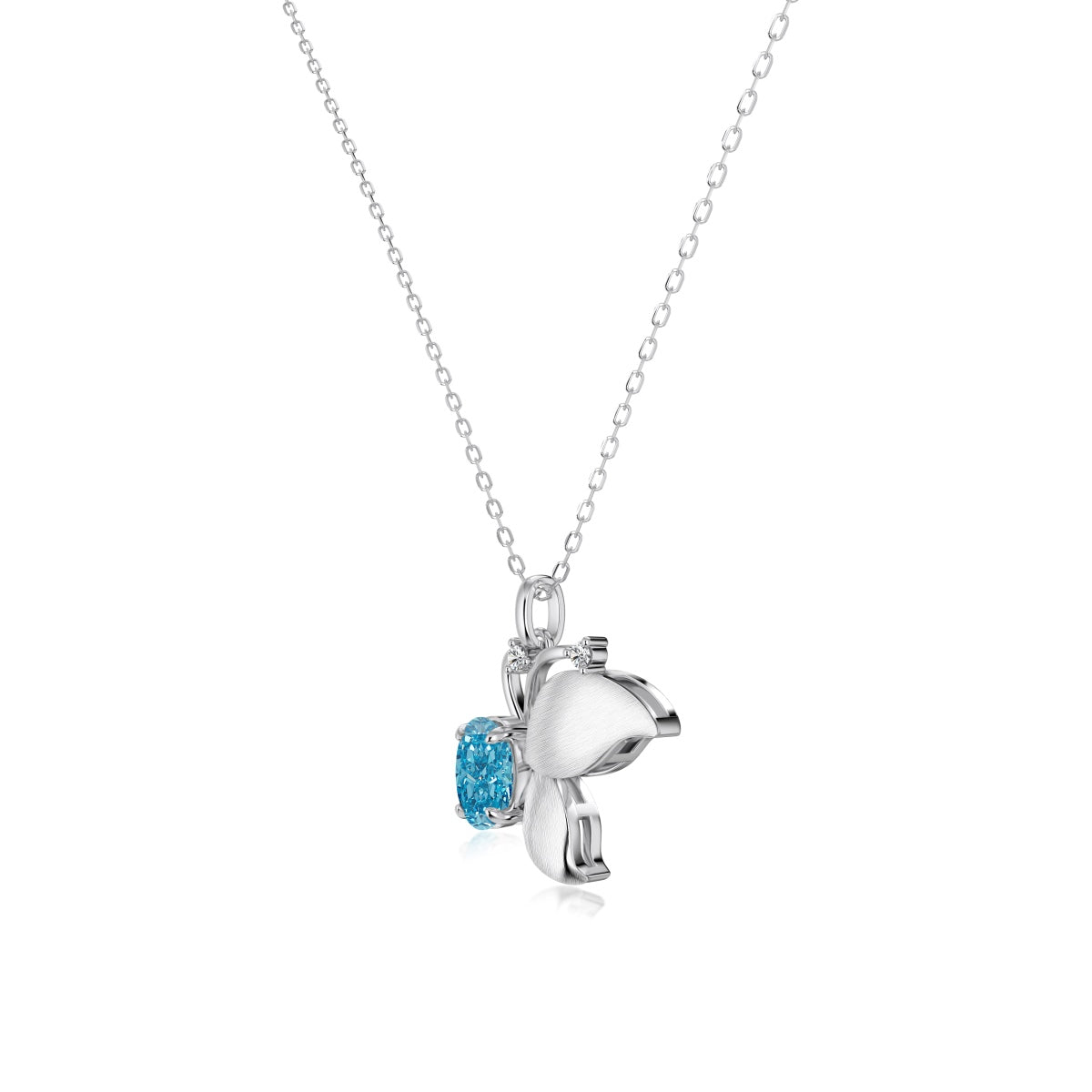 Marina Butterfly silver necklace with blue centerpiece and sparkling CZ butterfly detailing by Avelune Collection.