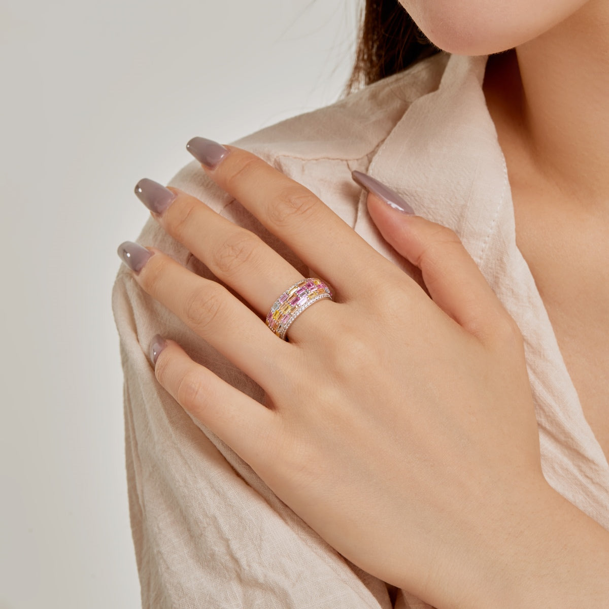 925 sterling silver multicolour baguette statement ring with pink, yellow, blue and clear cubic zirconia