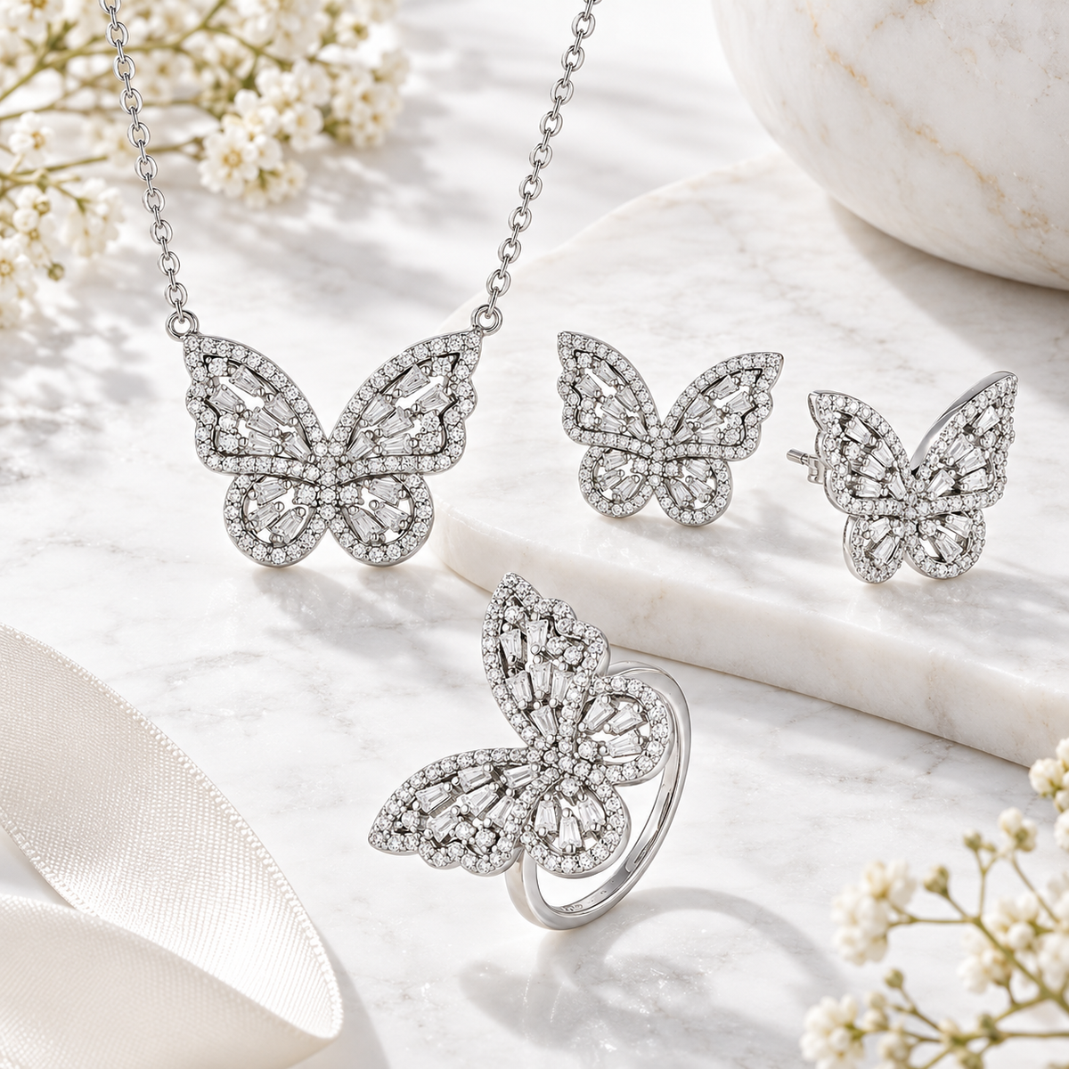 Luminous Wing sterling silver butterfly necklace earrings and ring set with clear cubic zirconia