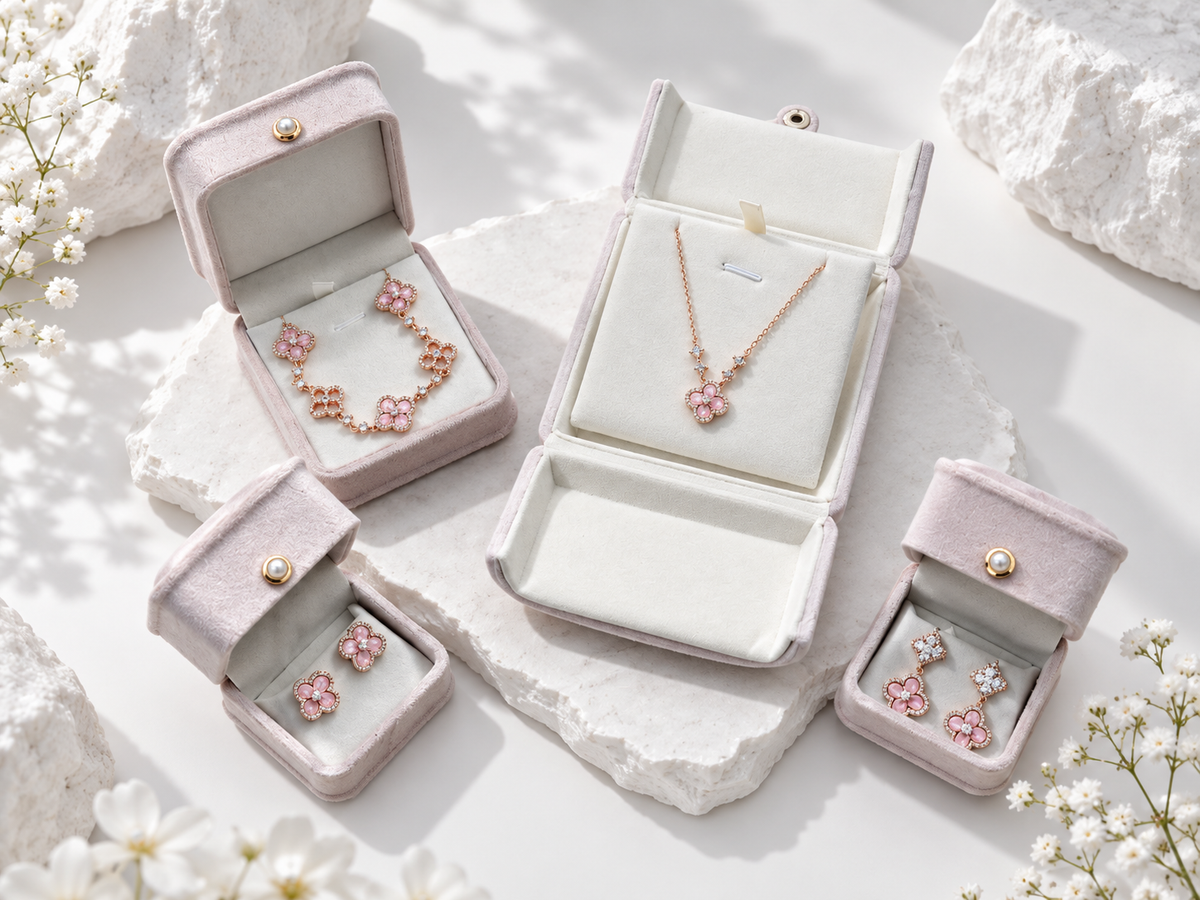 Cherry Blossom pink and gold necklace bracelet and stud earring jewelry set by Avelune Collection