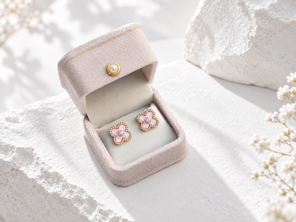 Pink and gold Cherry Blossom Stud Earrings with zircon accents by Avelune Collection
