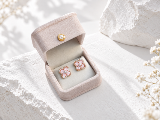 Pink and gold Cherry Blossom Stud Earrings with zircon accents by Avelune Collection