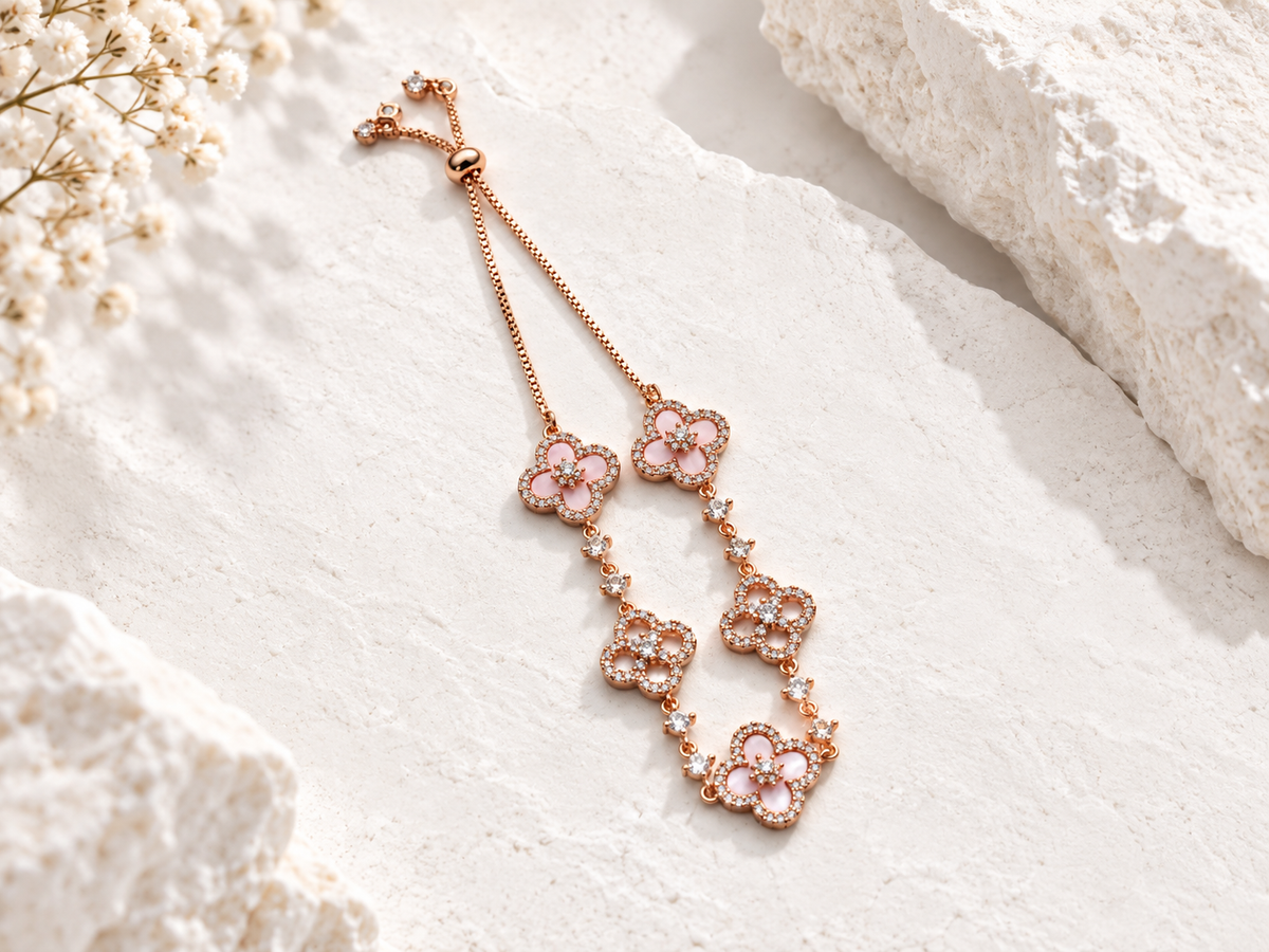 Pink and gold Cherry Blossom Bracelet with zircon details by Avelune Collection