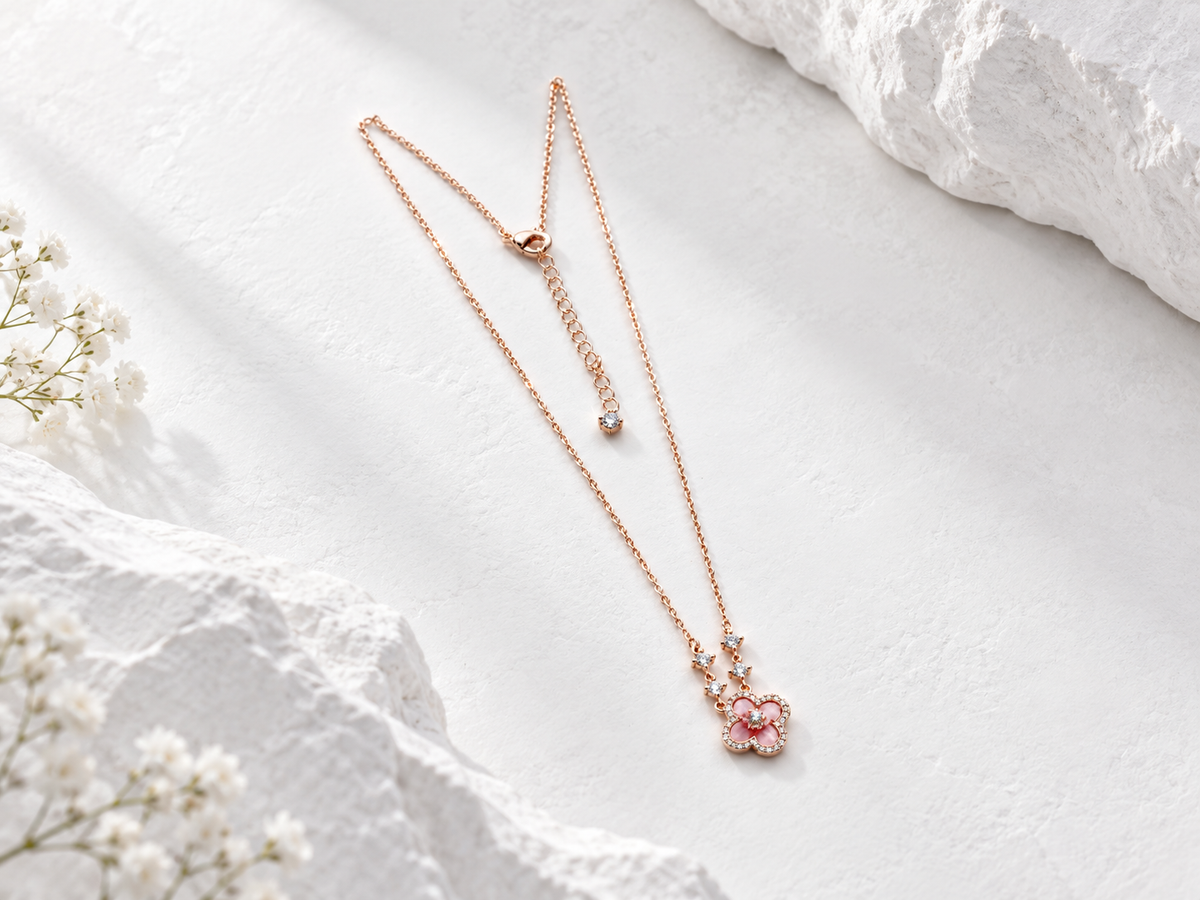 Pink and gold Cherry Blossom Necklace with zircon details by Avelune Collection