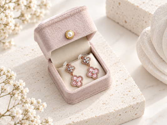 Pink and gold Cherry Blossom Drop Earrings with zircon accents by Avelune Collection