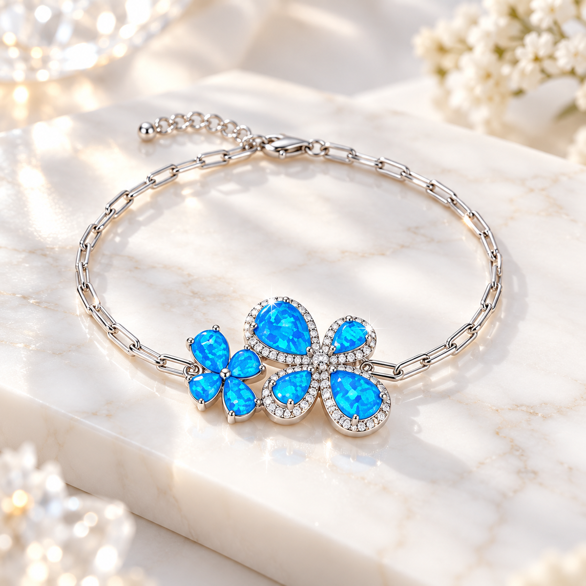 Butterfly Opal Bracelet in rhodium-plated 925 sterling silver with luminous blue opal details
