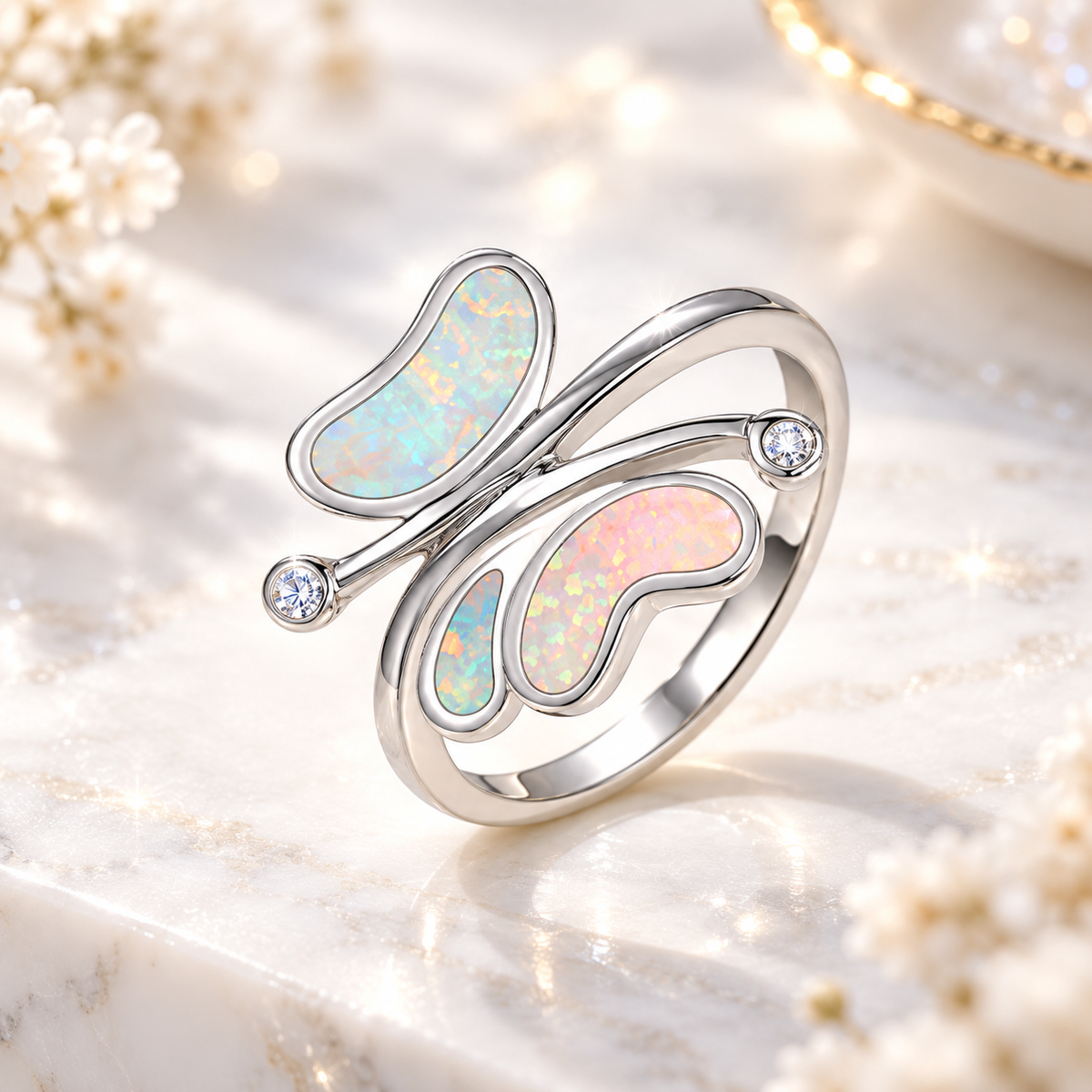 Butterfly Opal Ring in rhodium-plated 925 sterling silver with iridescent opal and clear CZ accents