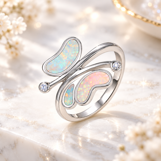 Butterfly Opal Ring in rhodium-plated 925 sterling silver with iridescent opal and clear CZ accents