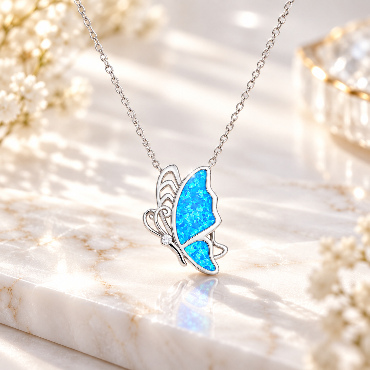 Azure Opal necklace in rhodium-plated 925 sterling silver with vivid blue opal pendant