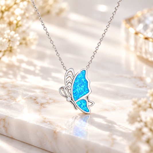 Azure Opal necklace in rhodium-plated 925 sterling silver with vivid blue opal pendant