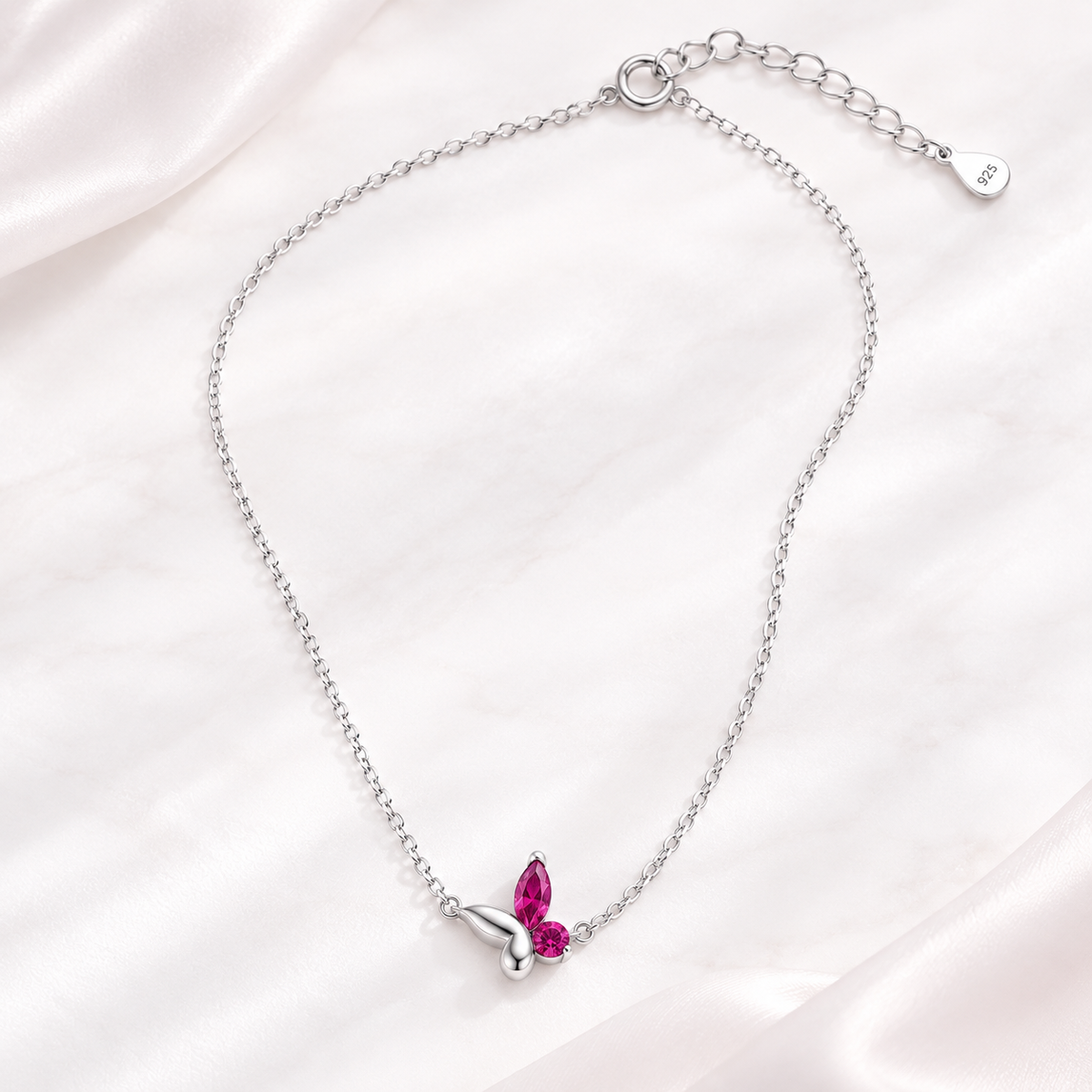 Blush Flutter Necklace in rhodium-plated sterling silver with pink zircon butterfly-inspired pendant