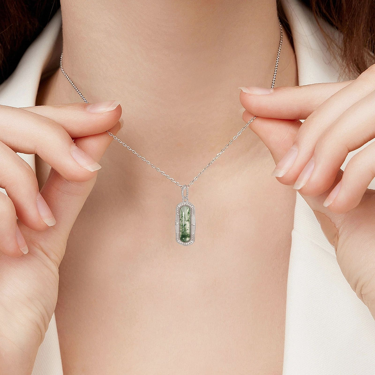 Moss Window Necklace detail and styling image by Avelune Collection