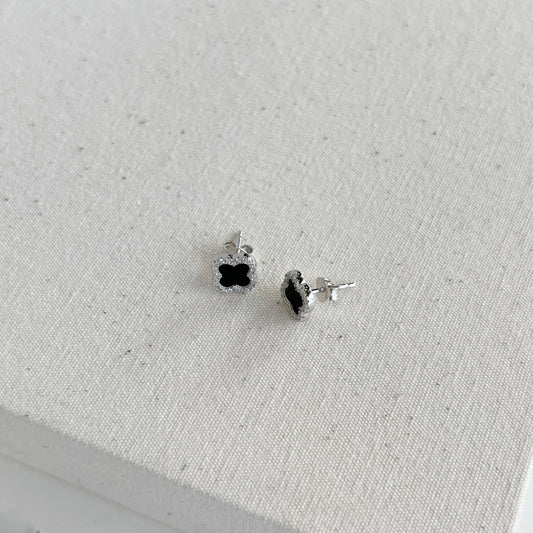 Onyx Clover stud earrings with black onyx and sparkling CZ accents in rhodium-plated sterling silver.