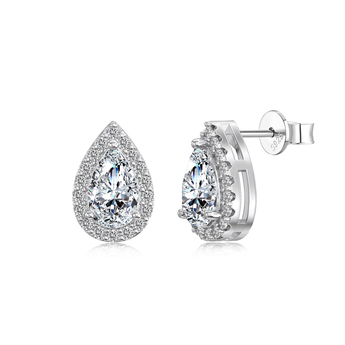 umière Pear moissanite stud earrings in rhodium-plated sterling silver by Avelune Collection.