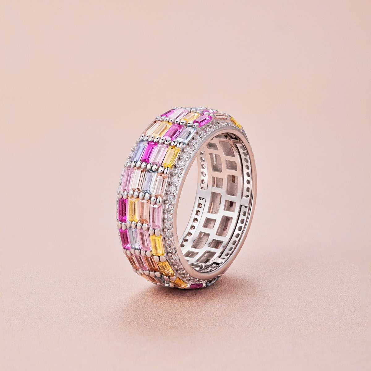 925 sterling silver multicolour baguette statement ring with pink, yellow, blue and clear cubic zirconia