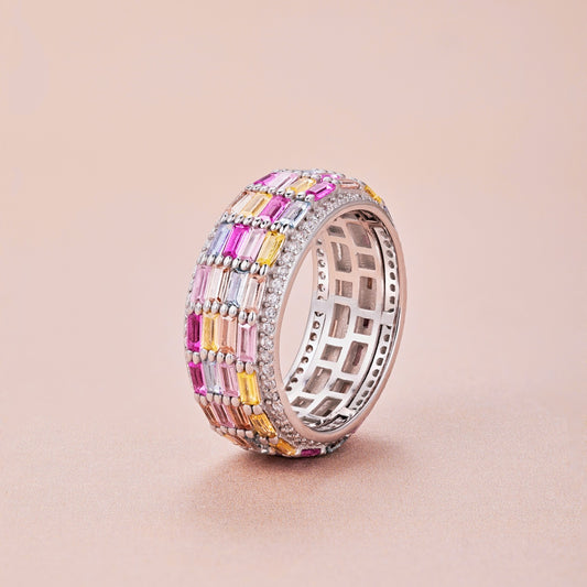 925 sterling silver multicolour baguette statement ring with pink, yellow, blue and clear cubic zirconia