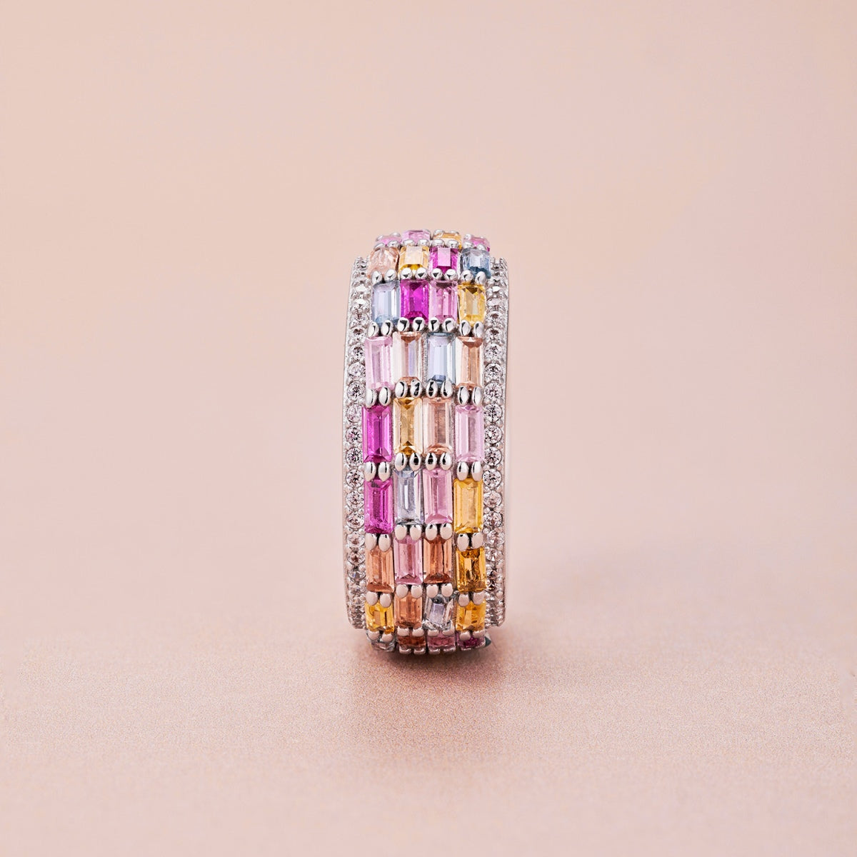 925 sterling silver multicolour baguette statement ring with pink, yellow, blue and clear cubic zirconia