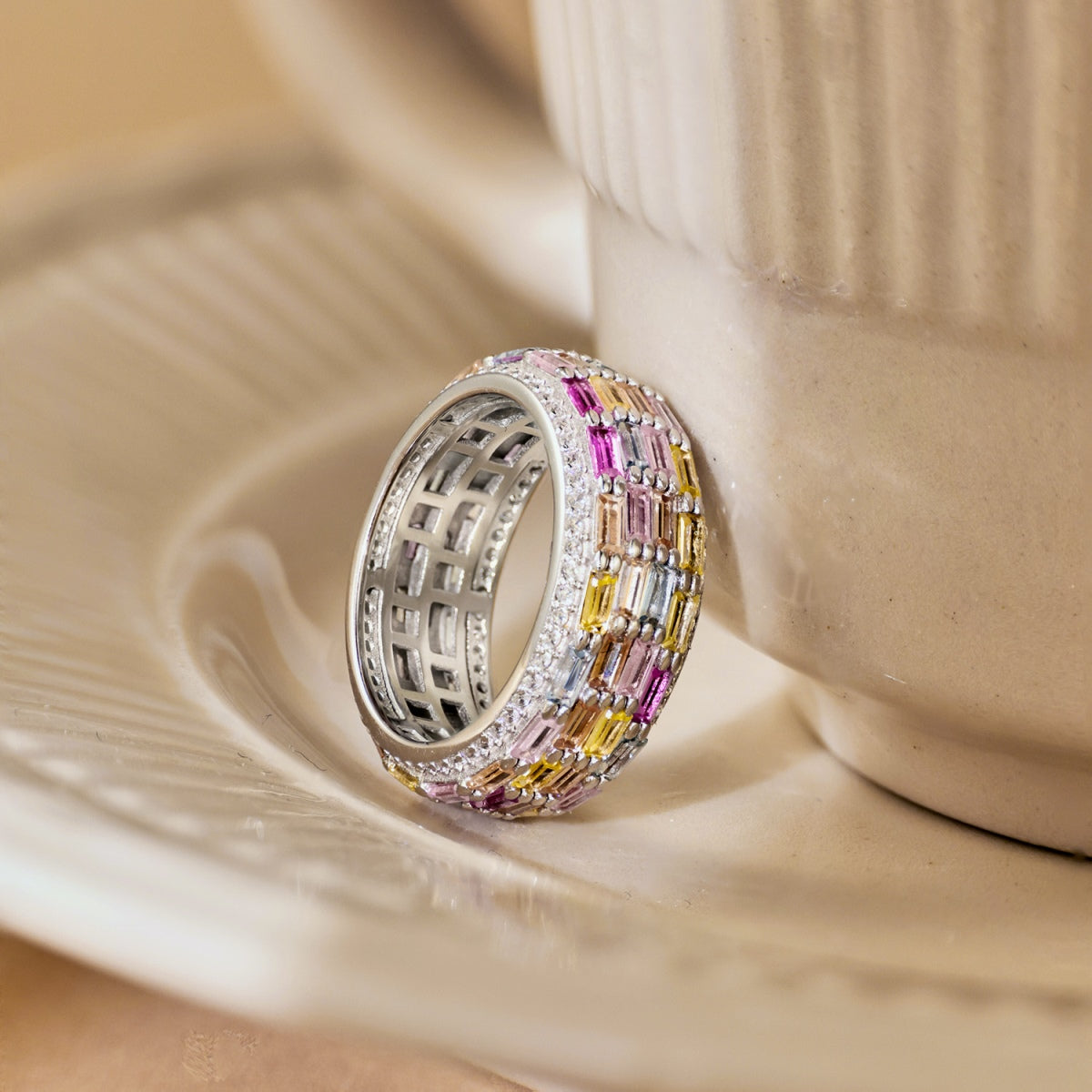 925 sterling silver multicolour baguette statement ring with pink, yellow, blue and clear cubic zirconia